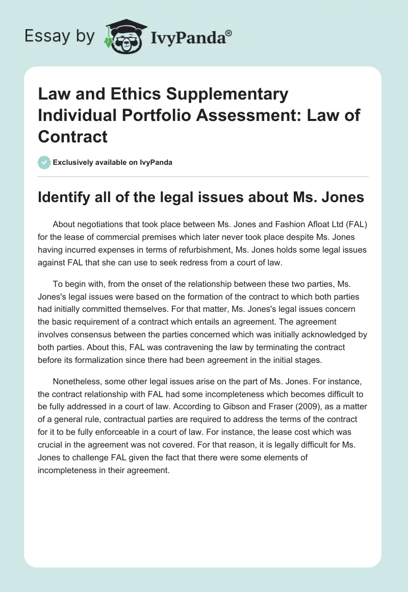 Law and Ethics Supplementary Individual Portfolio Assessment: Law of Contract. Page 1