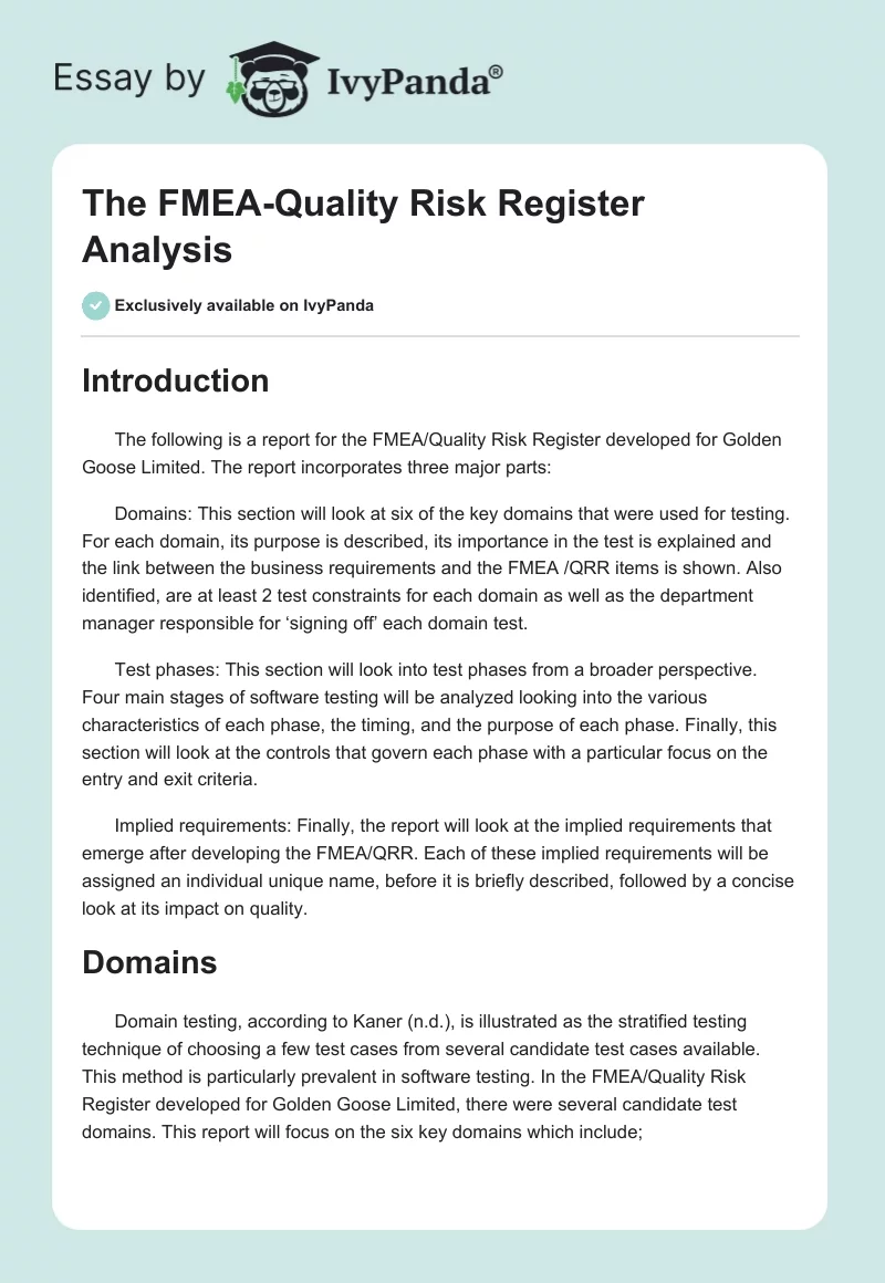 The FMEA-Quality Risk Register Analysis. Page 1