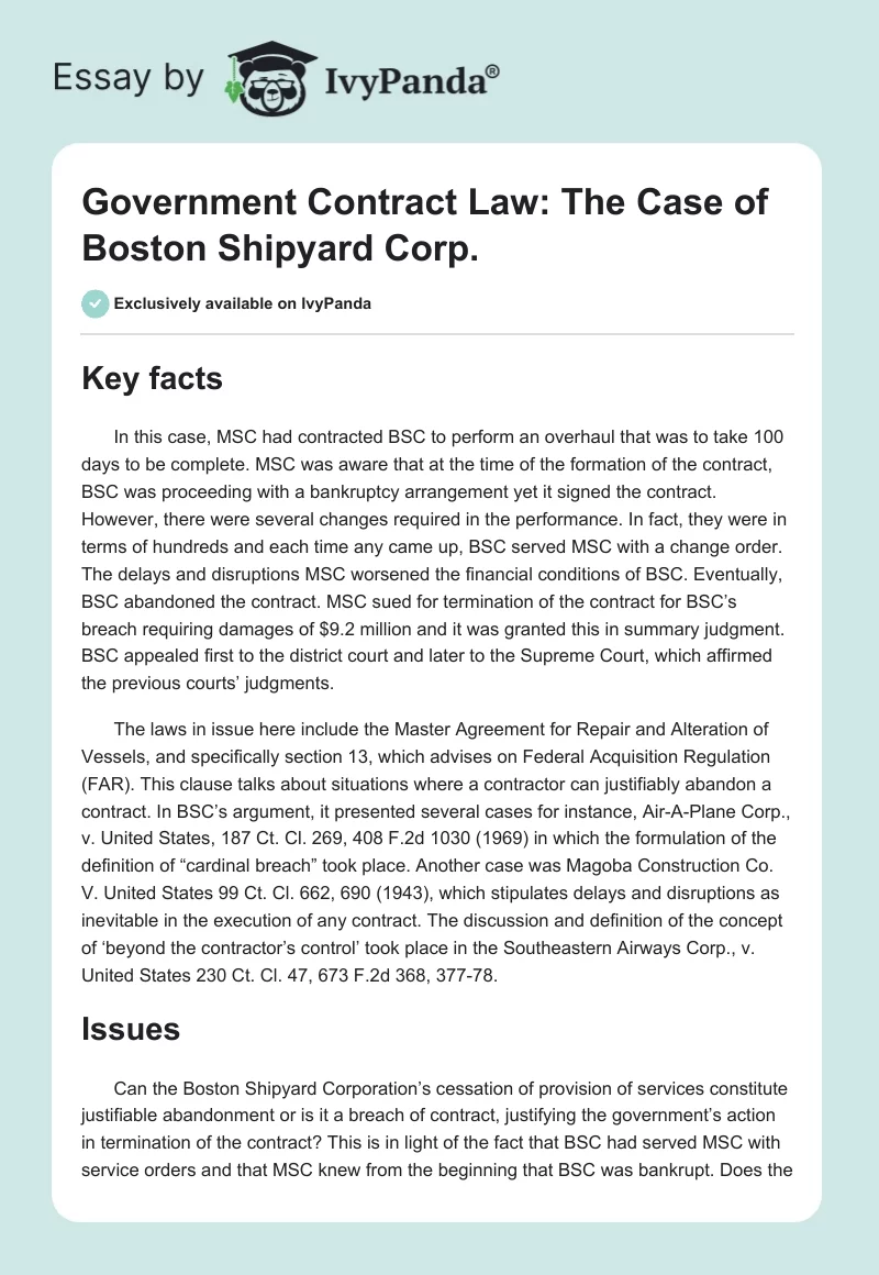Government Contract Law: The Case of Boston Shipyard Corp.. Page 1