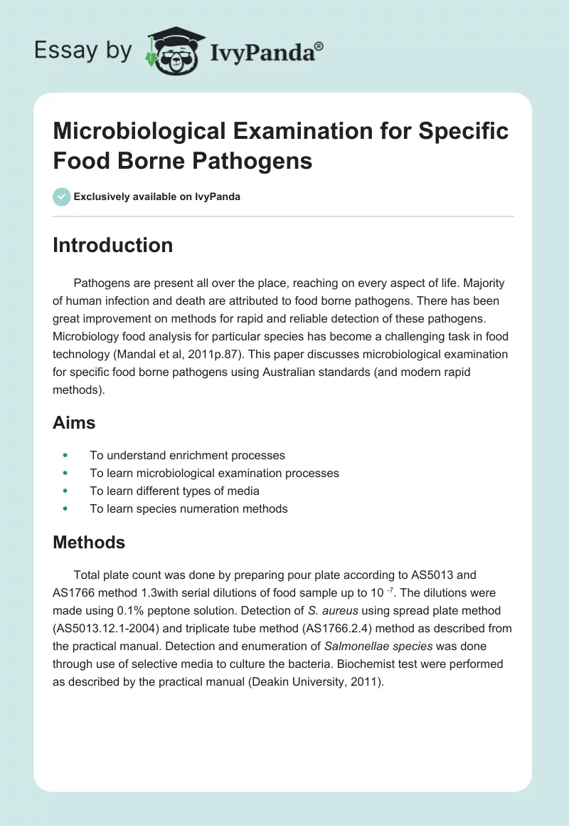 Microbiological Examination for Specific Food Borne Pathogens. Page 1