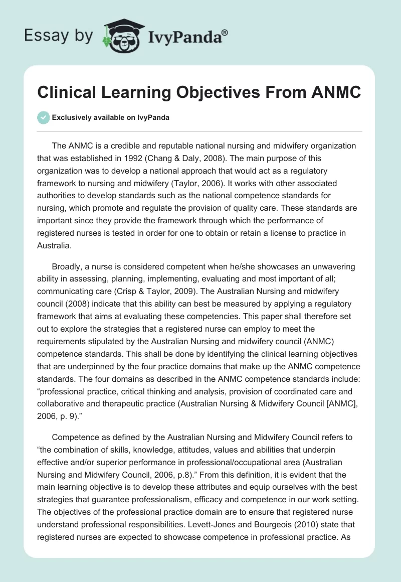 Clinical Learning Objectives From ANMC. Page 1