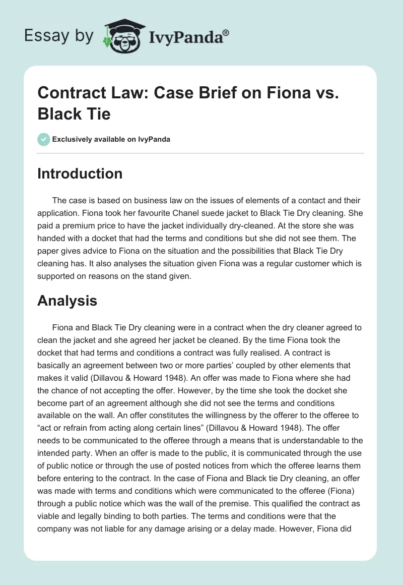 Contract Law: Case Brief on Fiona vs. Black Tie. Page 1