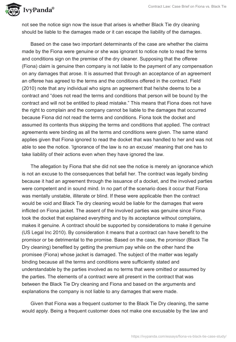 Contract Law: Case Brief on Fiona vs. Black Tie. Page 2