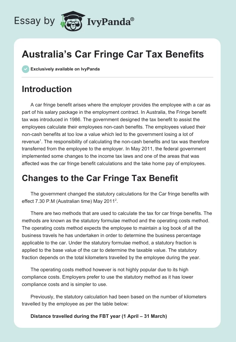 Australia’s Car Fringe Car Tax Benefits. Page 1