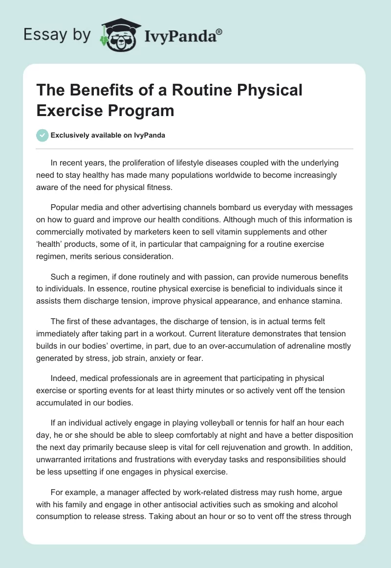 The Benefits of a Routine Physical Exercise Program. Page 1