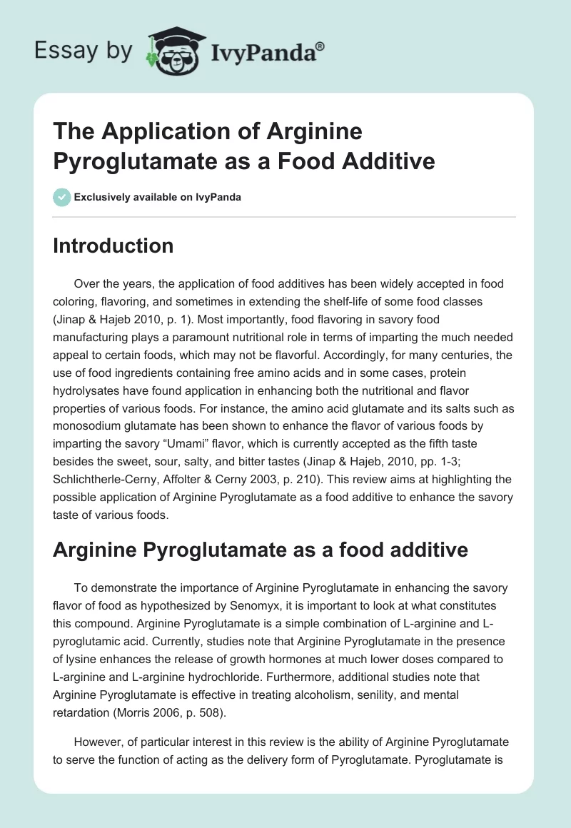 The Application of Arginine Pyroglutamate as a Food Additive. Page 1