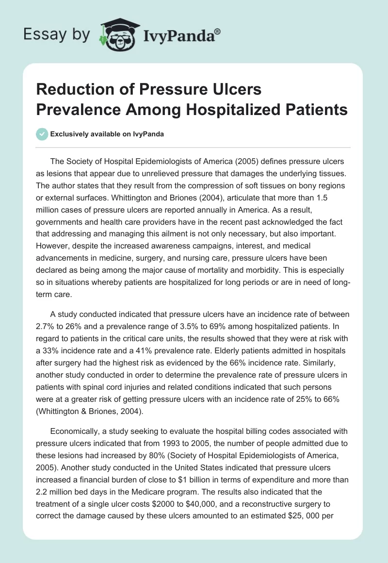 Reduction of Pressure Ulcers Prevalence Among Hospitalized Patients. Page 1