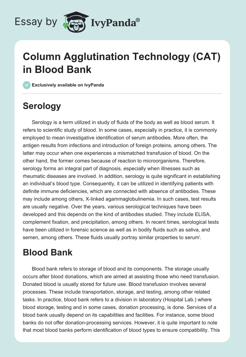 Column Agglutination Technology (CAT) in Blood Bank. Page 1