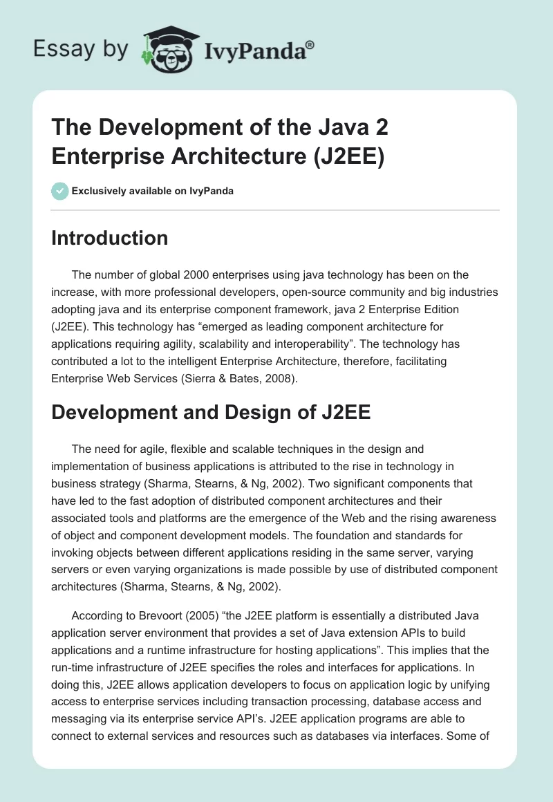 The Development of the Java 2 Enterprise Architecture (J2EE). Page 1