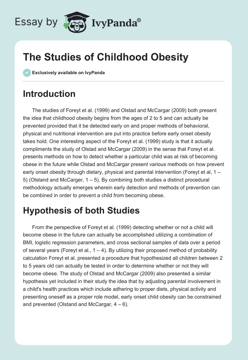 The Studies of Childhood Obesity. Page 1