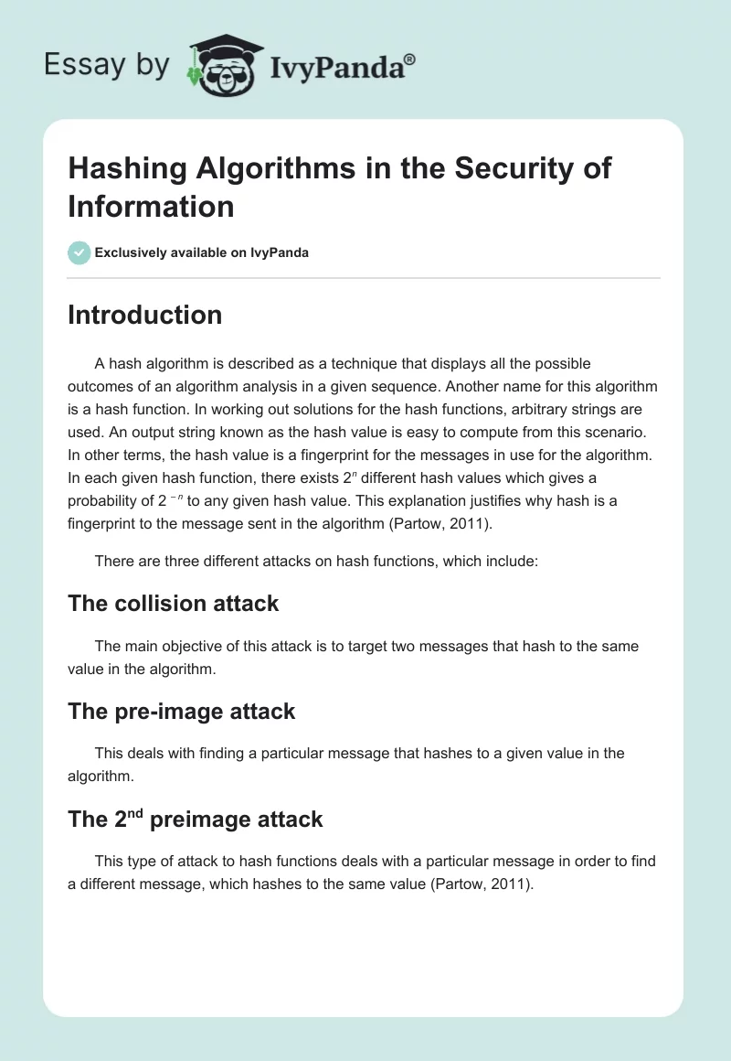 Hashing Algorithms in the Security of Information. Page 1