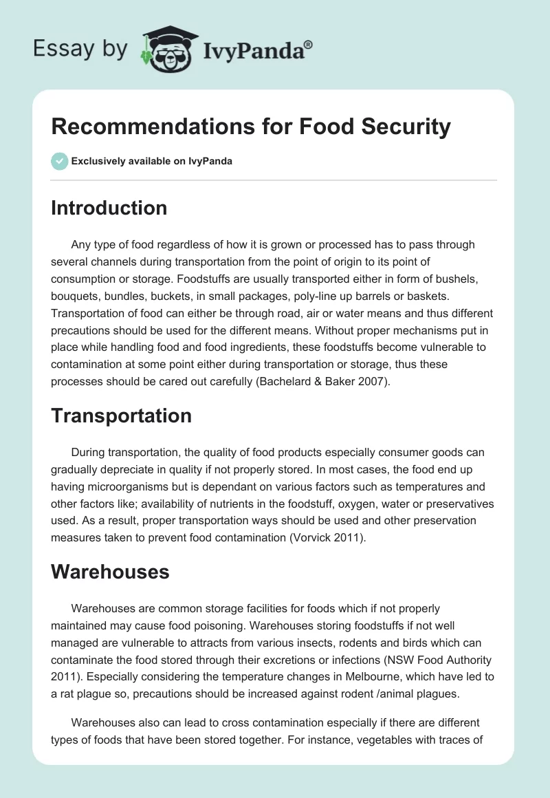 Recommendations for Food Security. Page 1