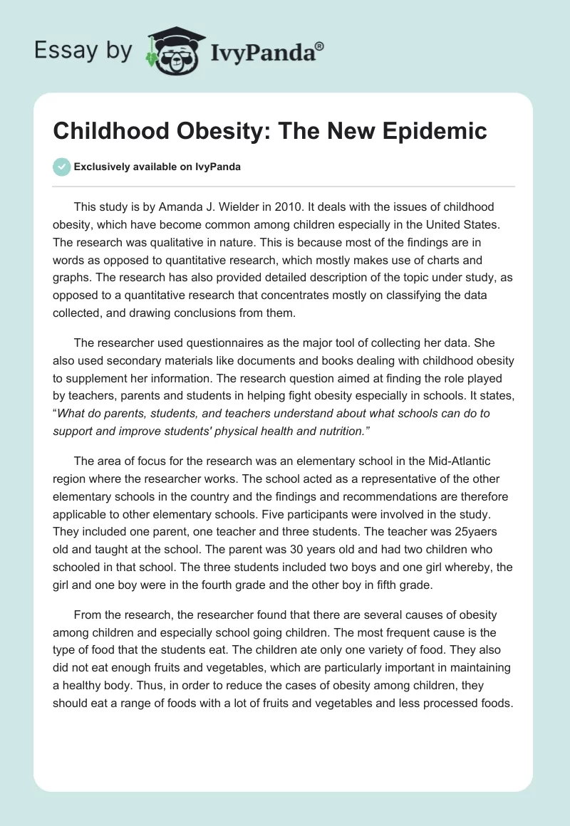 Childhood Obesity: The New Epidemic. Page 1