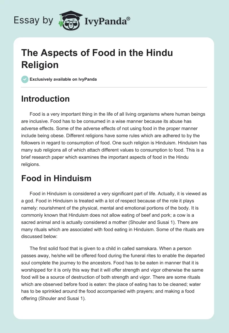 The Aspects of Food in the Hindu Religion. Page 1