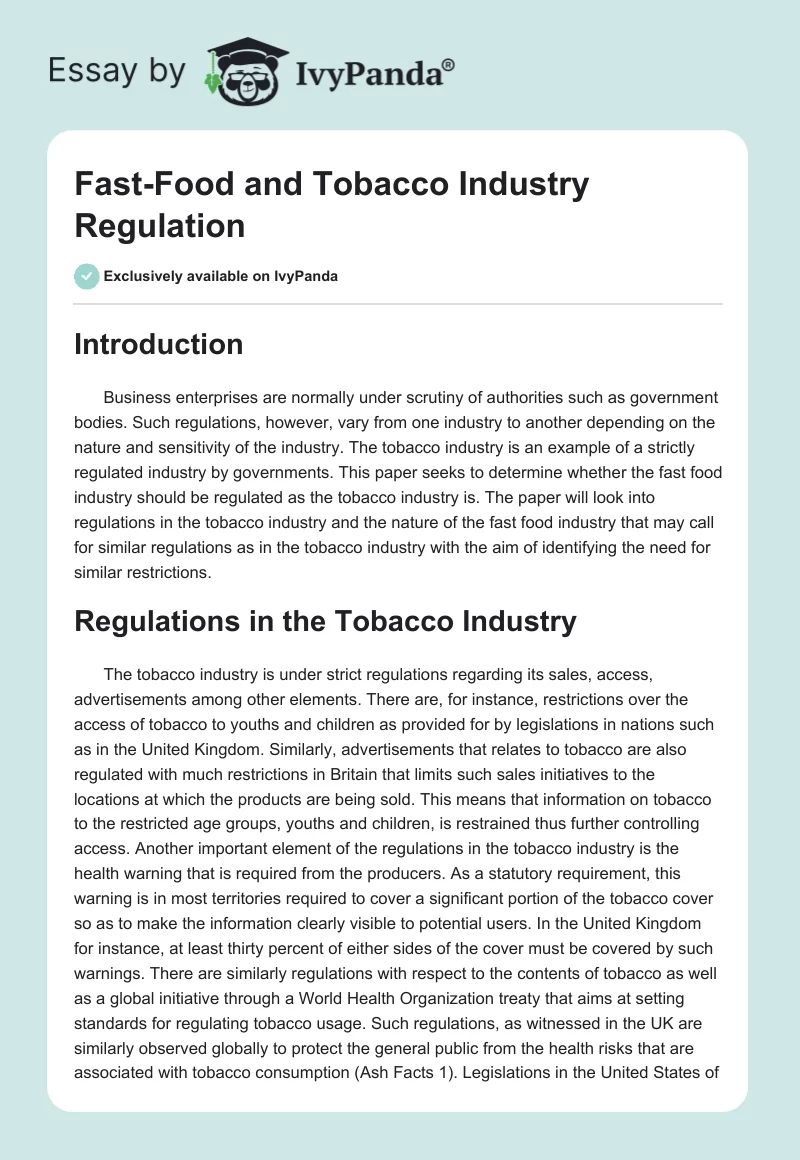 Fast-Food and Tobacco Industry Regulation. Page 1