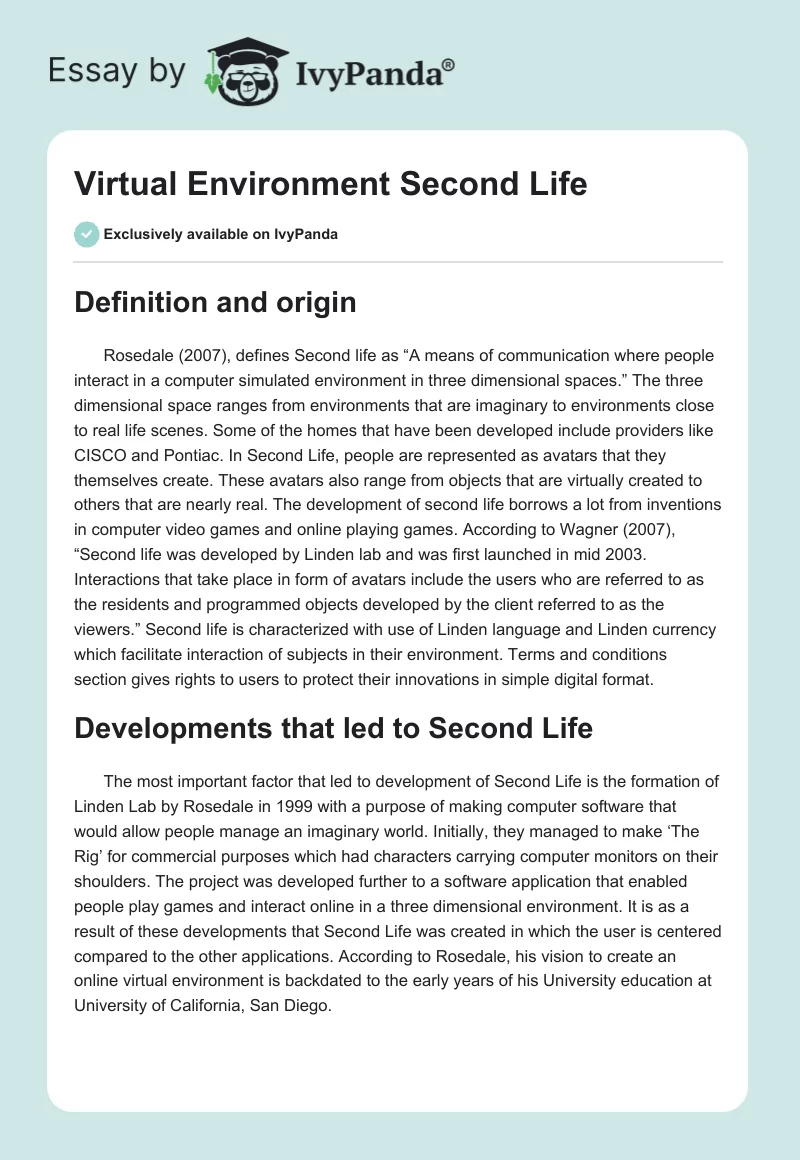 Virtual Environment "Second Life". Page 1