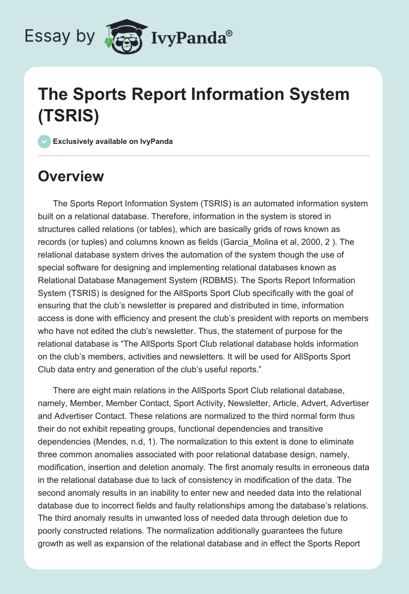 The Sports Report Information System (TSRIS). Page 1