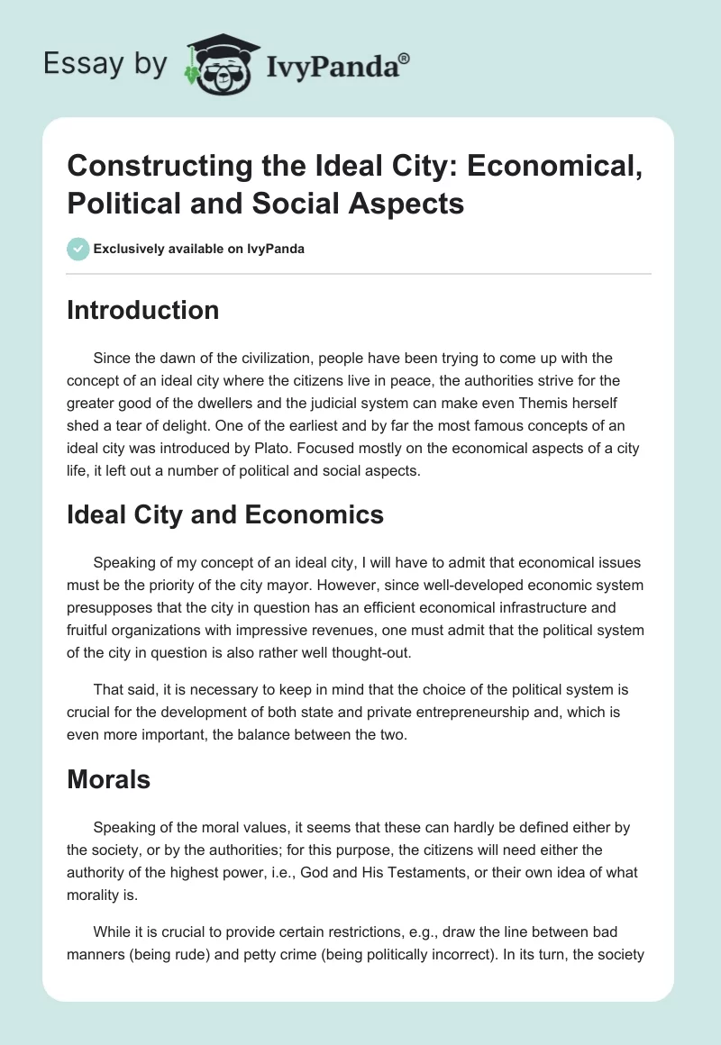 Constructing the Ideal City: Economical, Political and Social Aspects. Page 1