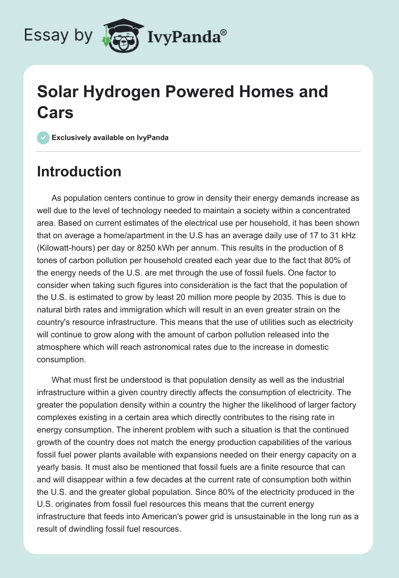Solar Hydrogen Powered Homes and Cars. Page 1