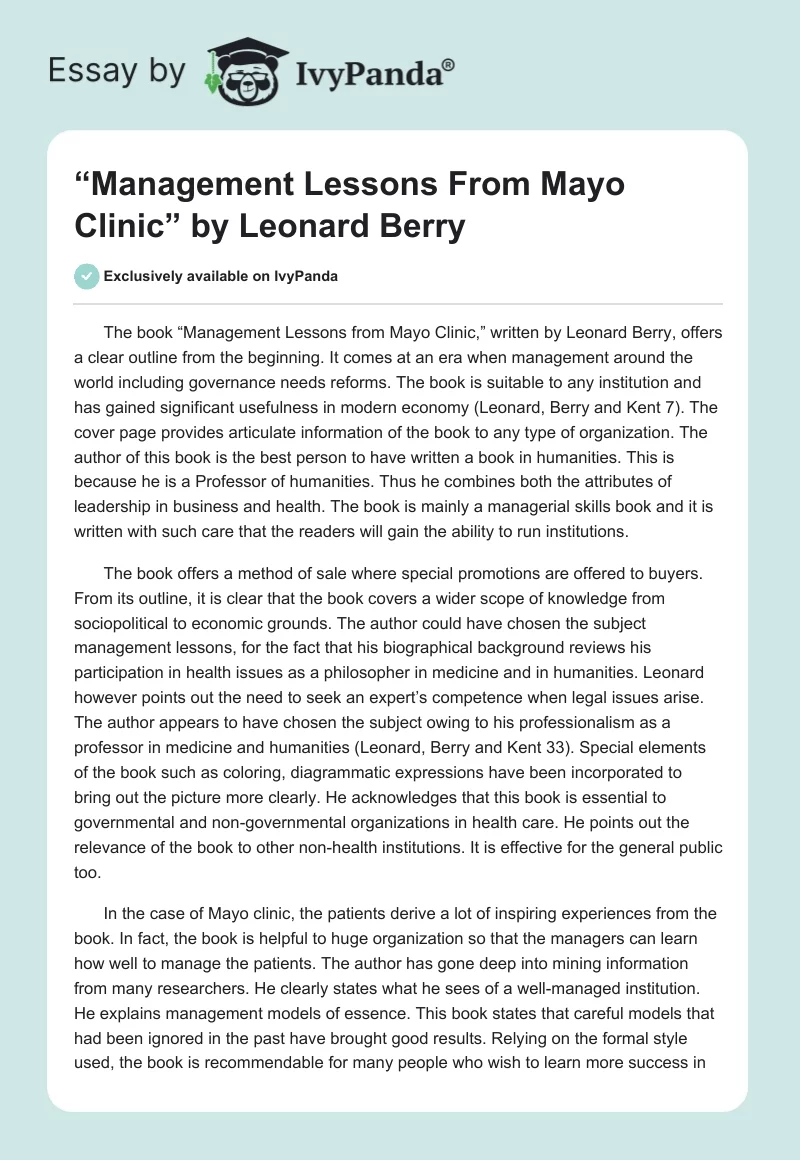 “Management Lessons From Mayo Clinic” by Leonard Berry. Page 1