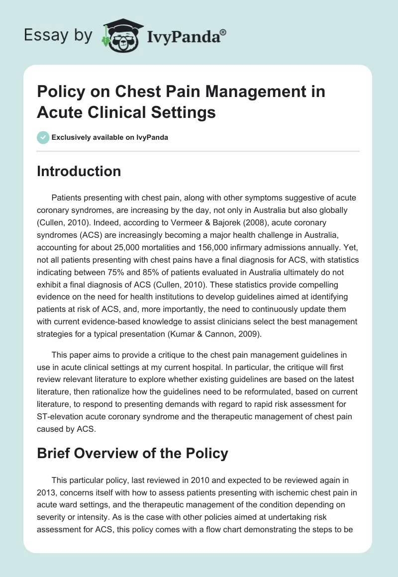 Policy on Chest Pain Management in Acute Clinical Settings. Page 1