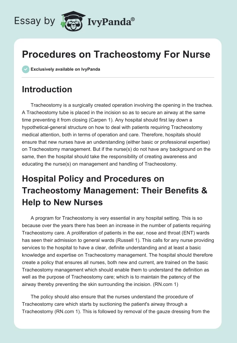 Procedures on Tracheostomy For Nurse. Page 1