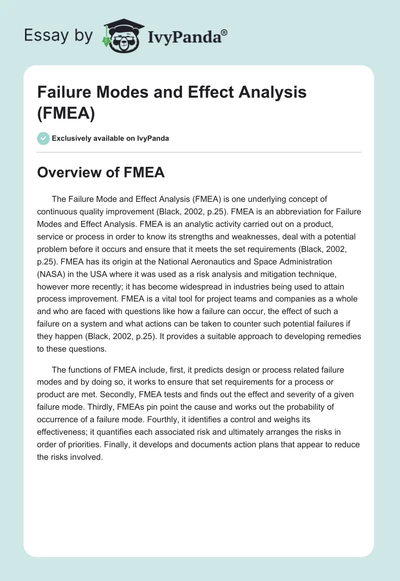 Failure Modes and Effect Analysis (FMEA). Page 1