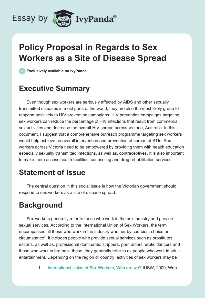 Policy Proposal in Regards to Sex Workers as a Site of Disease Spread. Page 1
