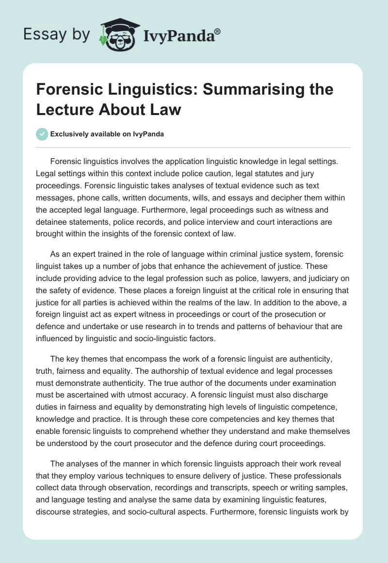Forensic Linguistics: Summarising the Lecture About Law. Page 1