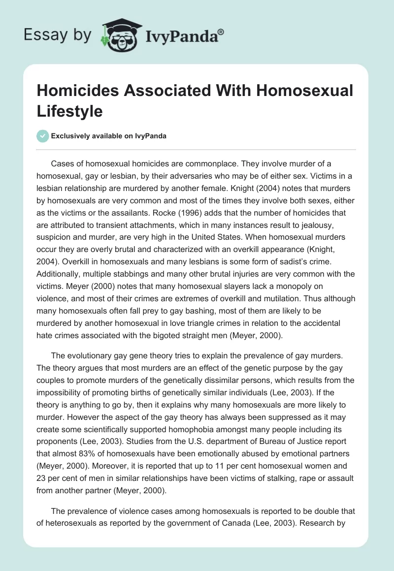 Homicides Associated With Homosexual Lifestyle. Page 1