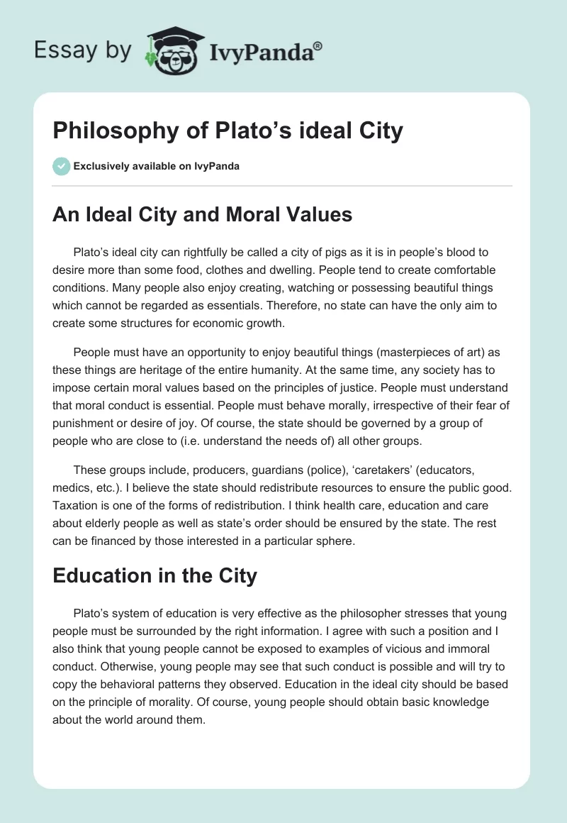 Philosophy of Plato’s Ideal City. Page 1