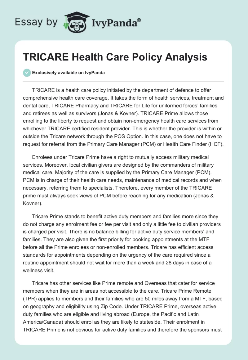 TRICARE Health Care Policy Analysis. Page 1