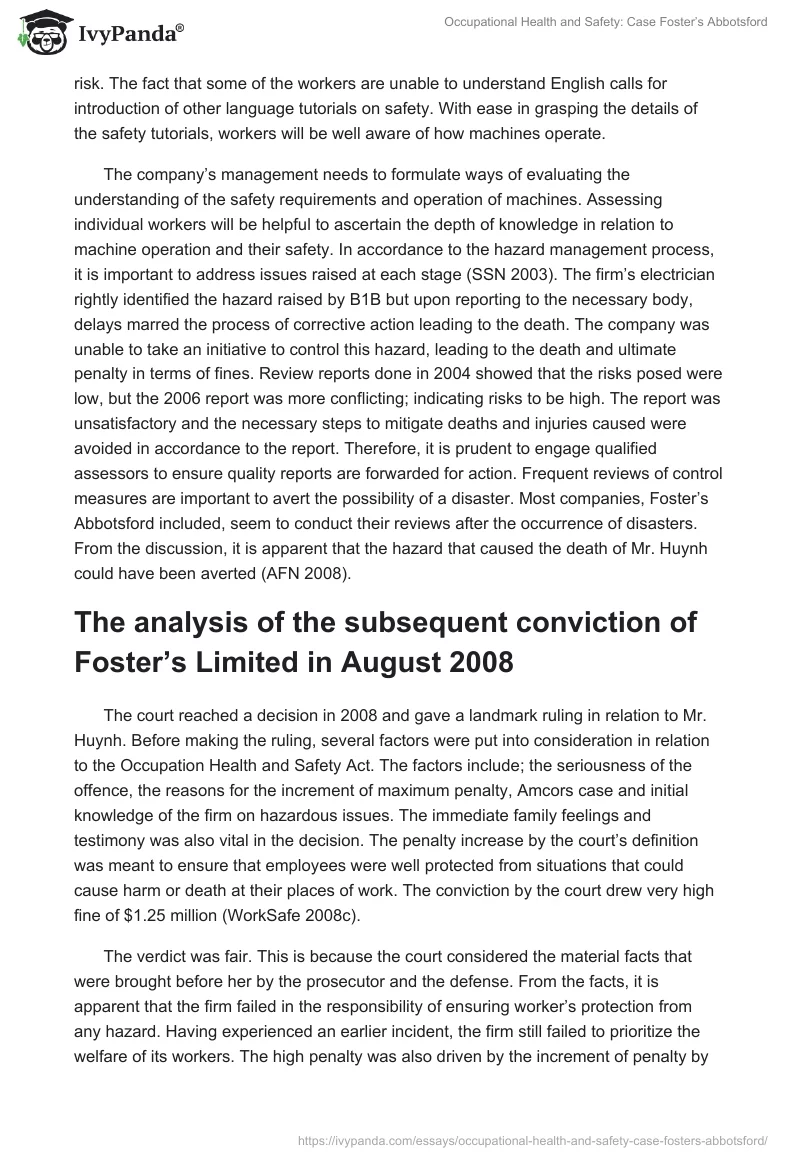 Occupational Health and Safety: Case Foster’s Abbotsford. Page 3