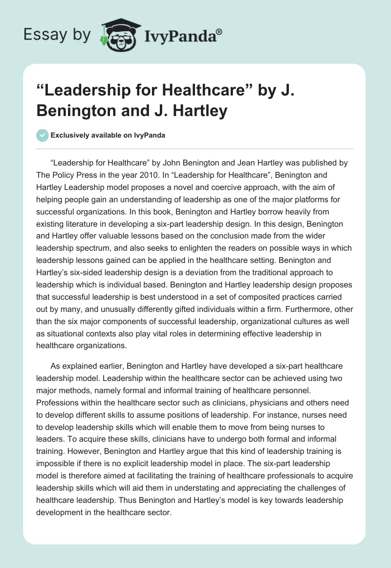 “Leadership for Healthcare” by J. Benington and J. Hartley. Page 1