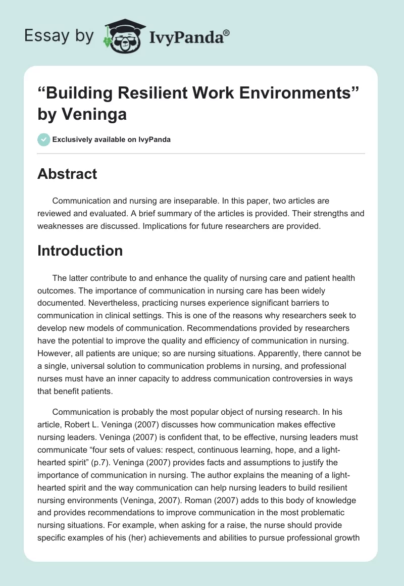 “Building Resilient Work Environments” by Veninga. Page 1