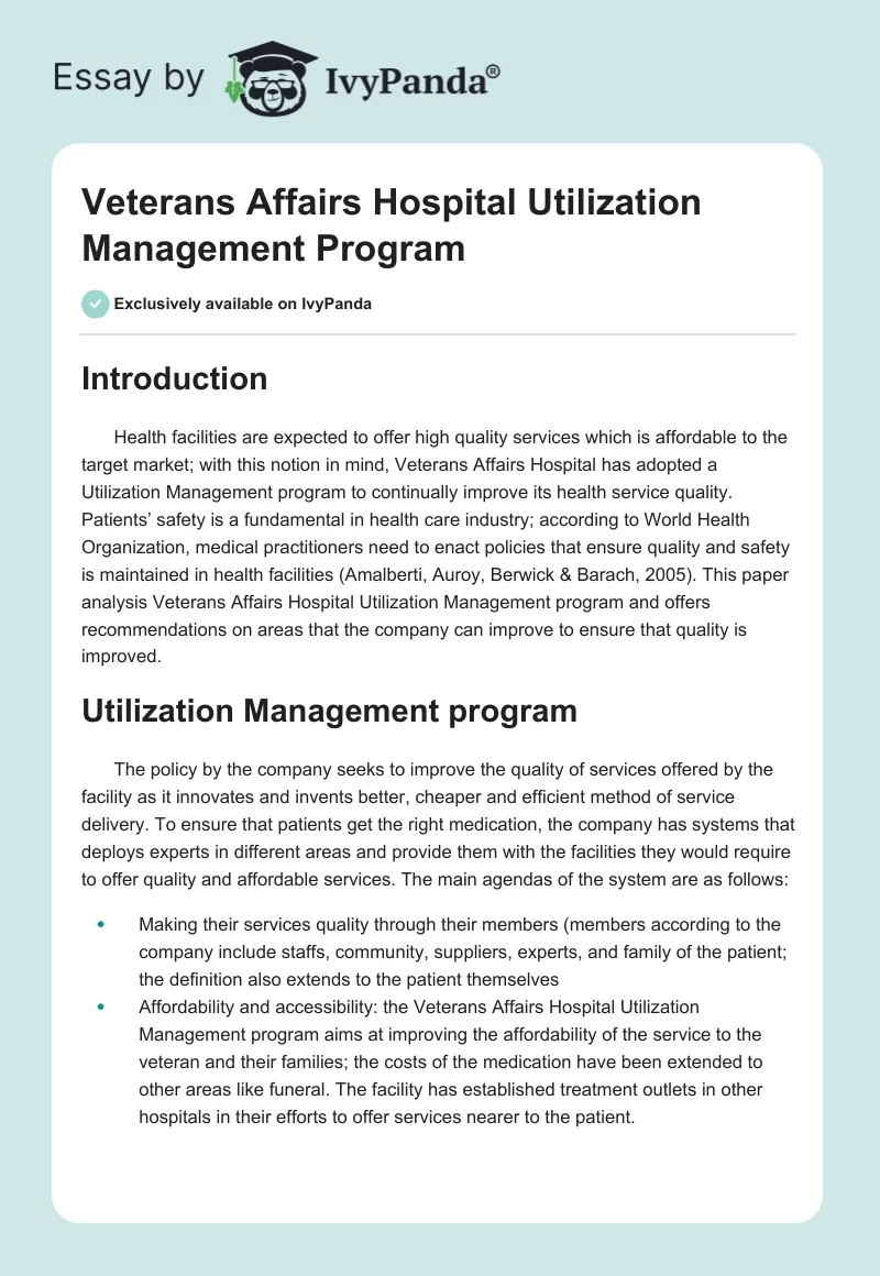 Veterans Affairs Hospital Utilization Management Program. Page 1