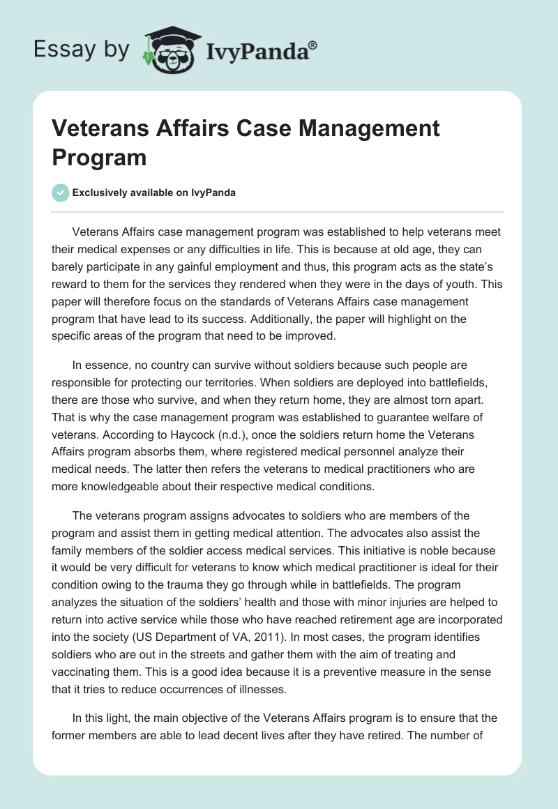 Veterans Affairs Case Management Program. Page 1