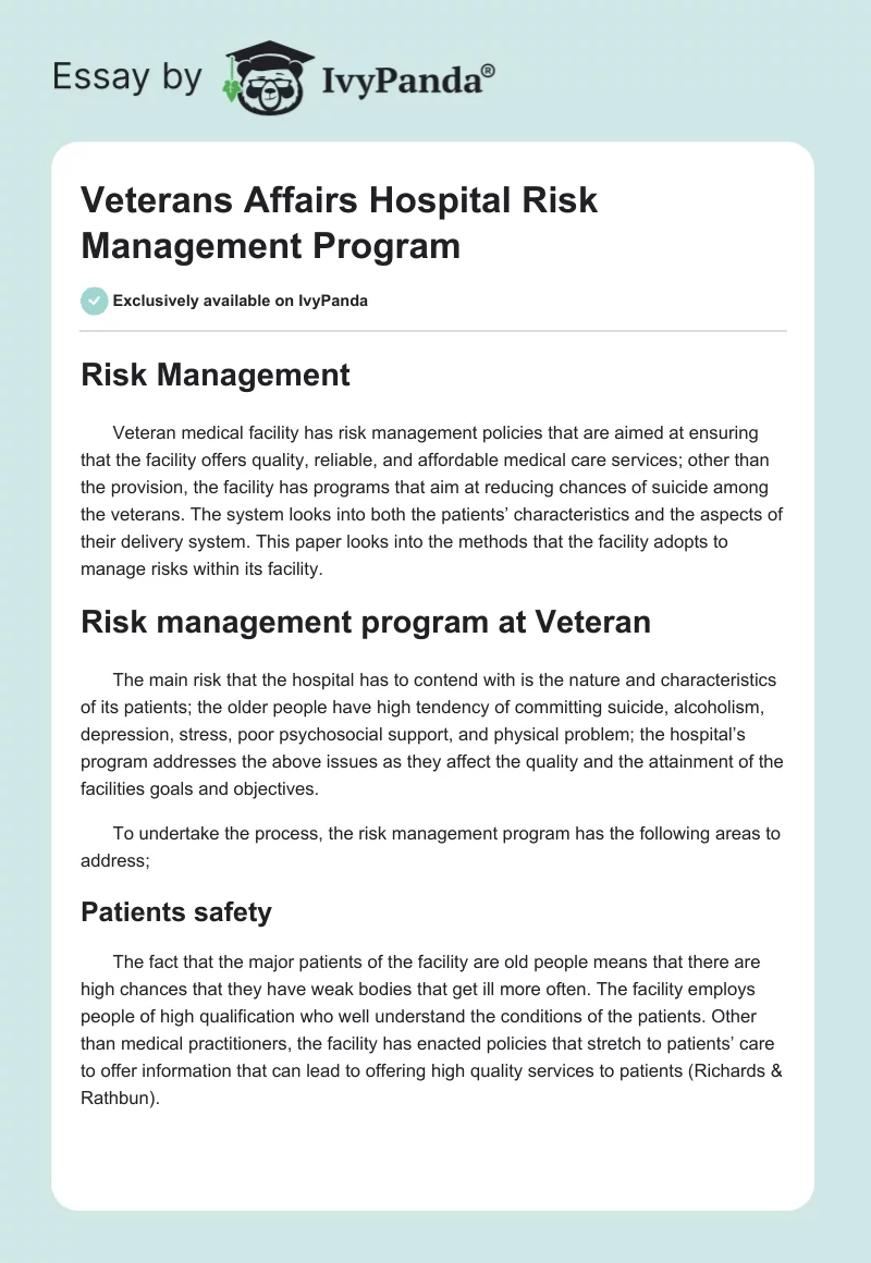 Veterans Affairs Hospital Risk Management Program. Page 1