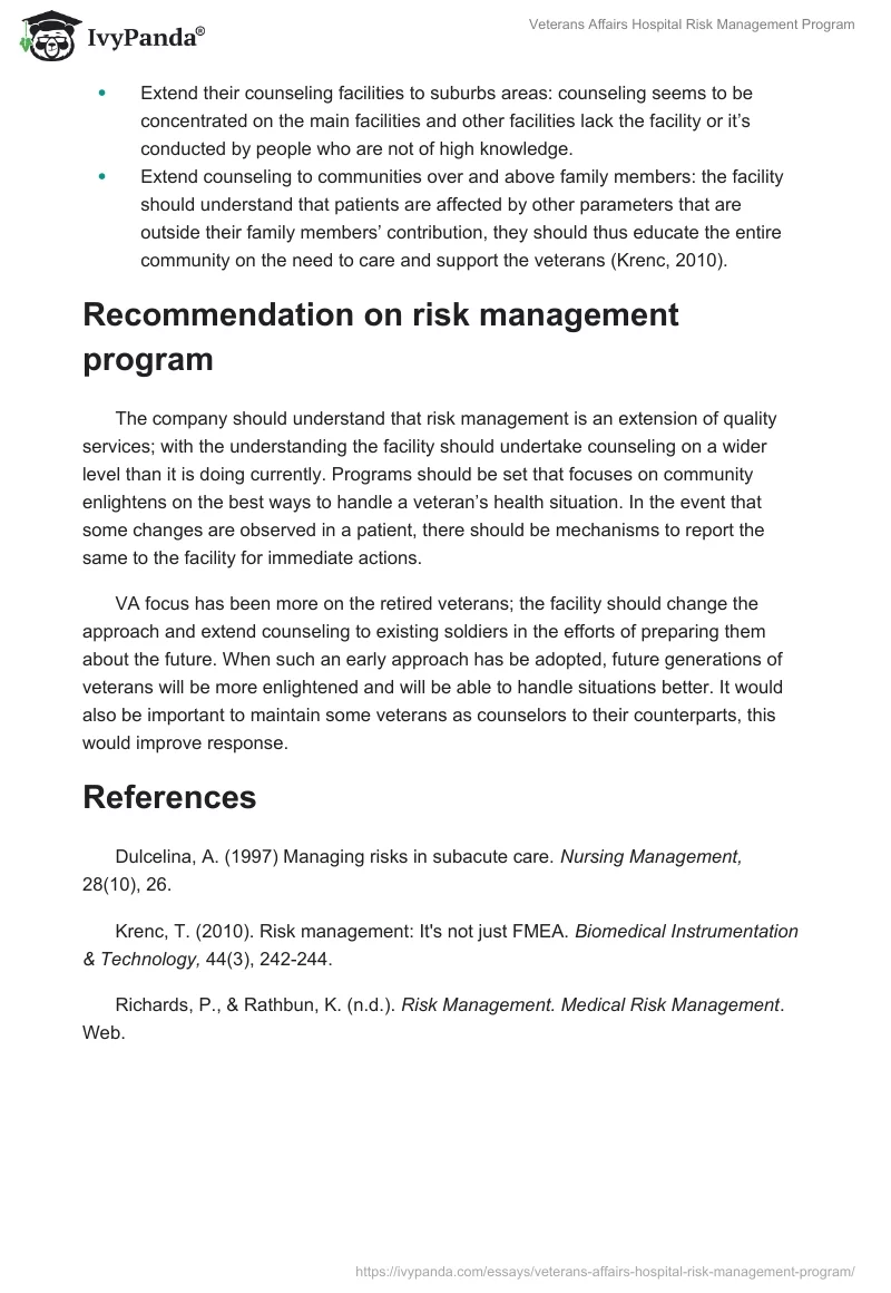 Veterans Affairs Hospital Risk Management Program. Page 3