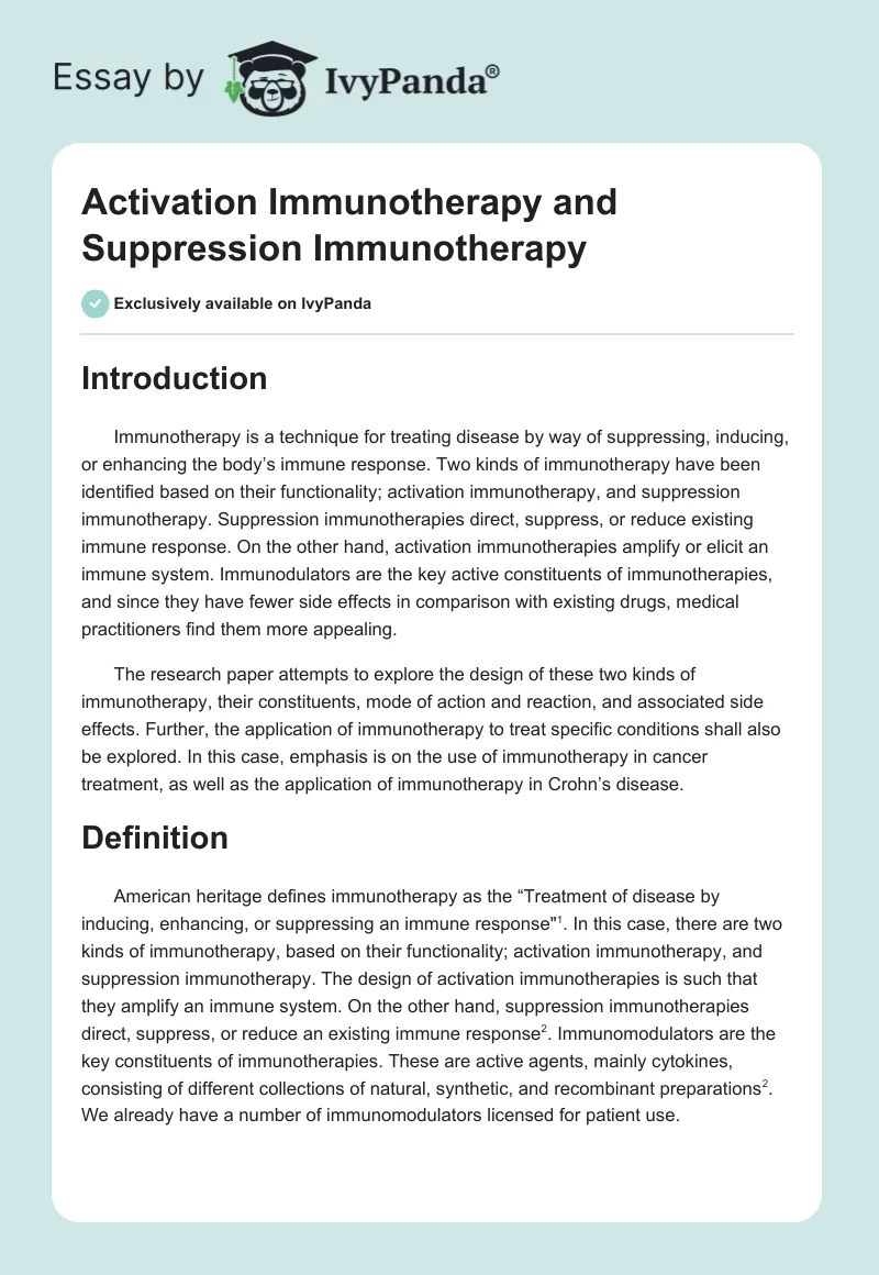 Activation Immunotherapy and Suppression Immunotherapy. Page 1