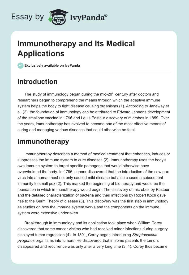 Immunotherapy and Its Medical Applications. Page 1