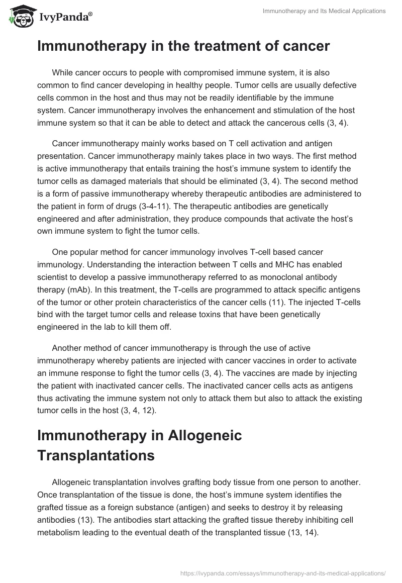 Immunotherapy and Its Medical Applications. Page 5