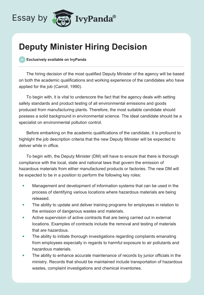 Deputy Minister Hiring Decision. Page 1