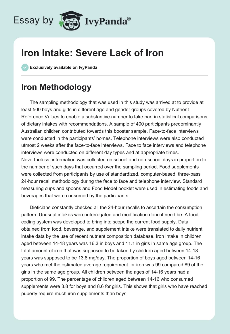 Iron Intake: Severe Lack of Iron. Page 1