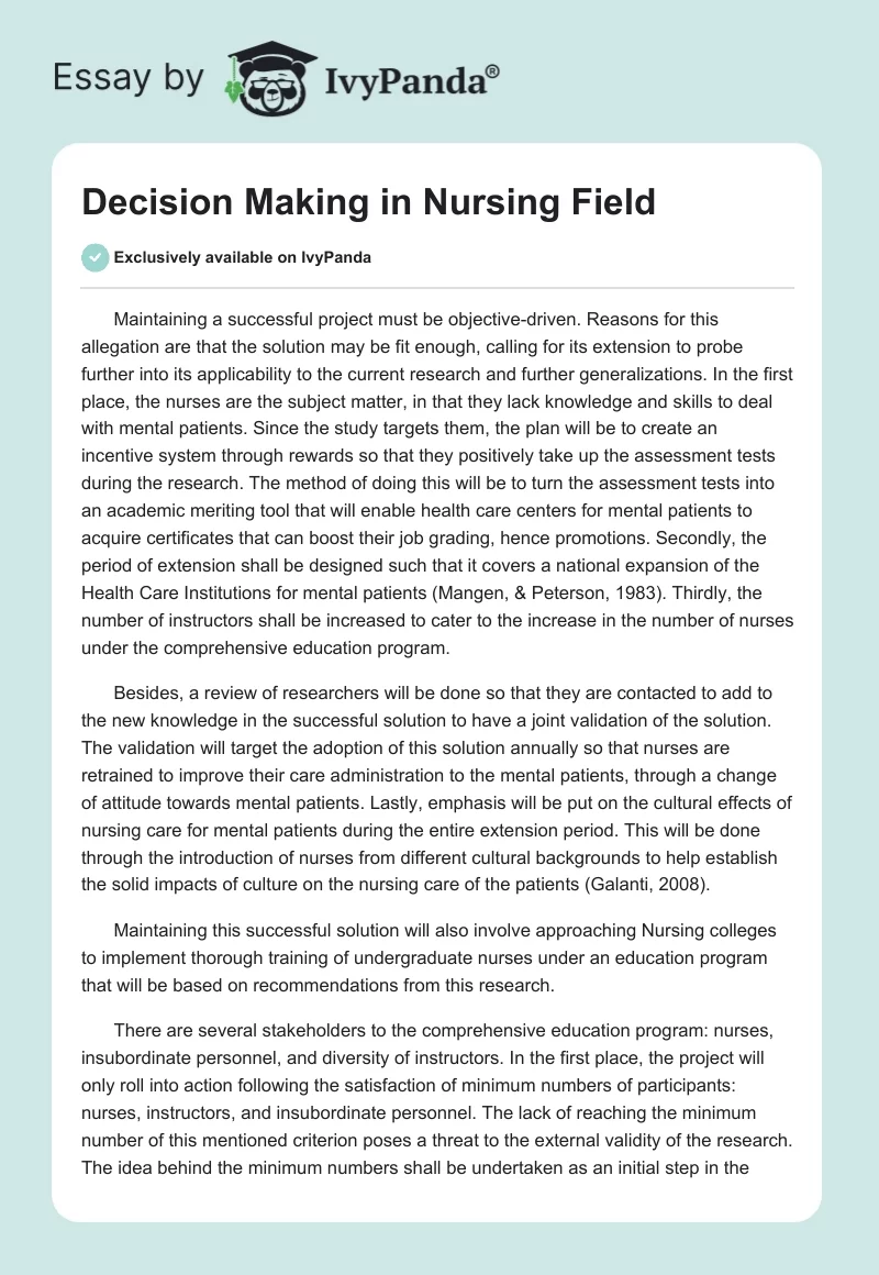 Decision Making in Nursing Field. Page 1