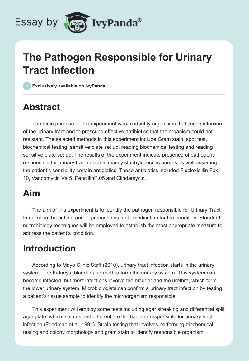 The Pathogen Responsible for Urinary Tract Infection. Page 1