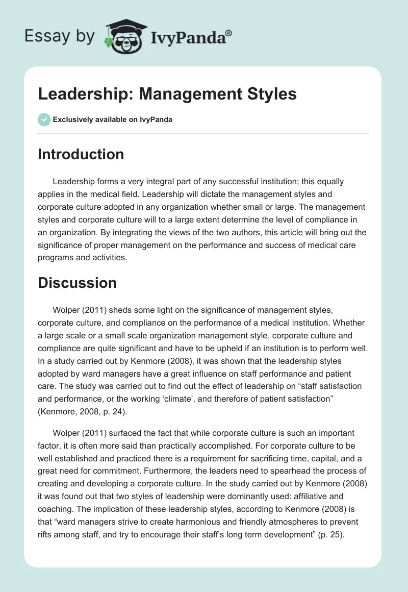 Leadership: Management Styles. Page 1