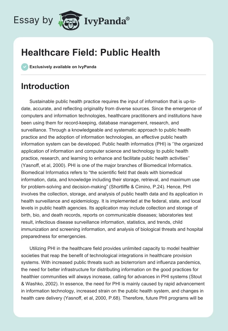Healthcare Field: Public Health. Page 1