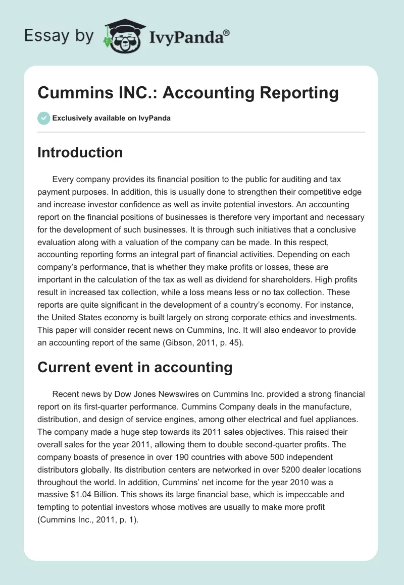 Cummins INC.: Accounting Reporting. Page 1
