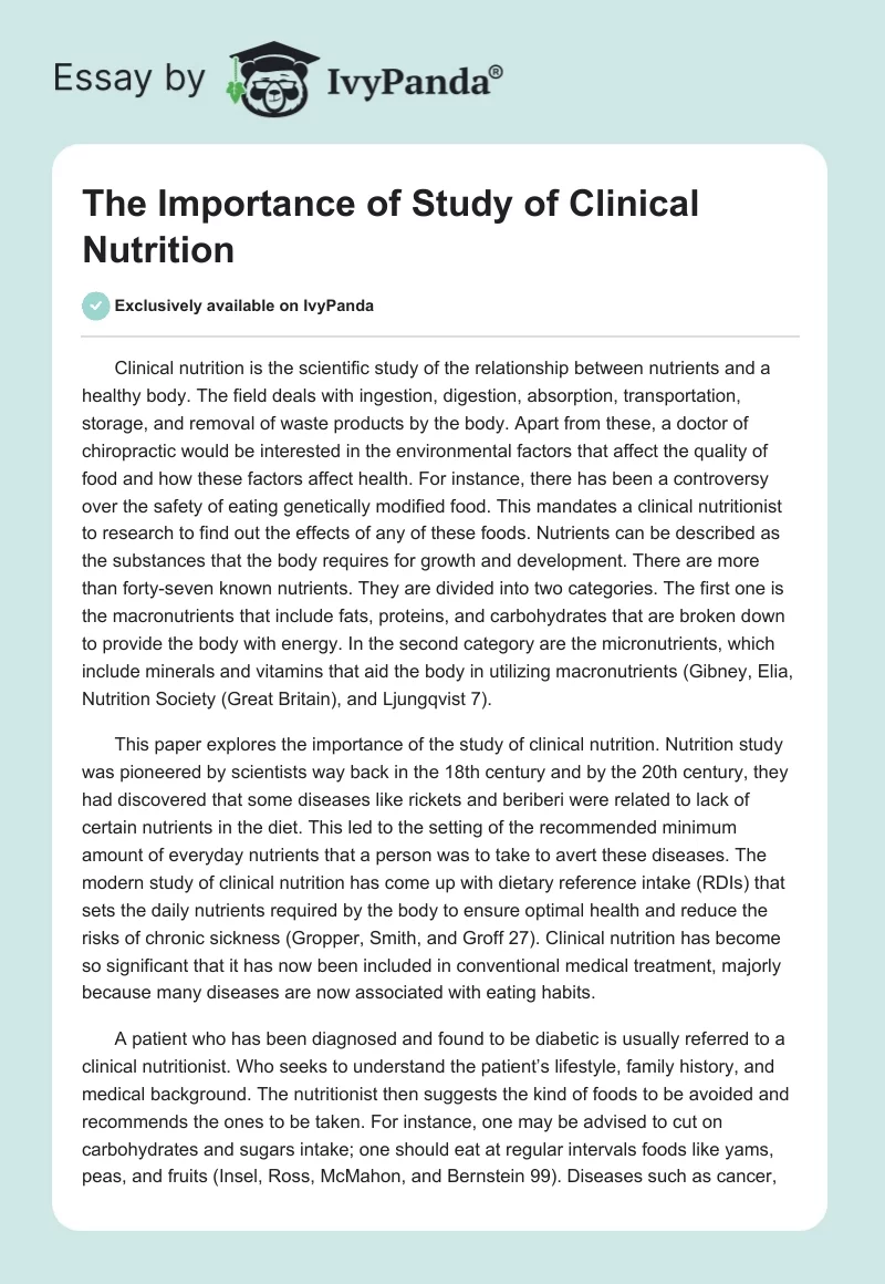 The Importance of Study of Clinical Nutrition. Page 1